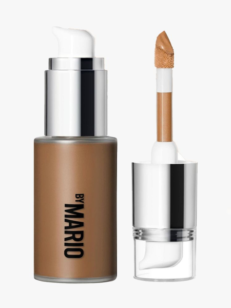 Makeup by Mario Softsculpt Multi-Use Bronzing & Shaping Serum bottle of bronzing serum with pump and wand double-ended cap on light gray background