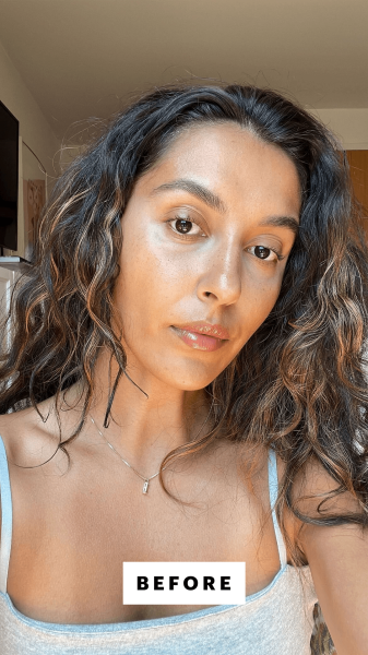 Selfie of Allure associate manager of special projects Talia Gutierrez before applying the Saie Dew Bronze Liquid Bronzer