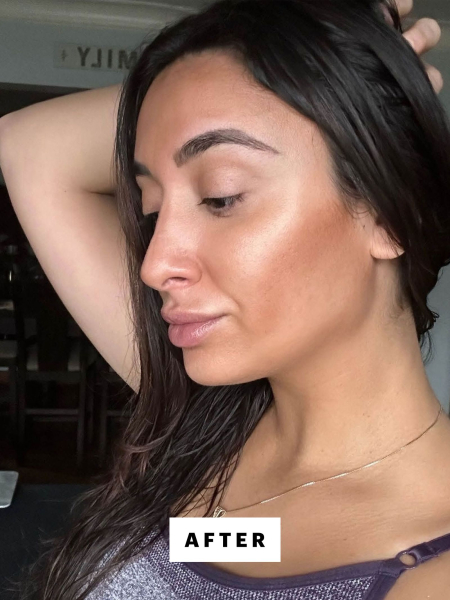 A selfie of Angela Trakoshis after  blending out Tarte Sculpt Tape Contour in shade Medium Bronze