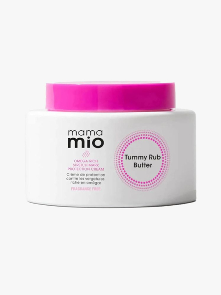 Mama Mio The Tummy Rub Butter white jar with hot pink lid on light gray background
