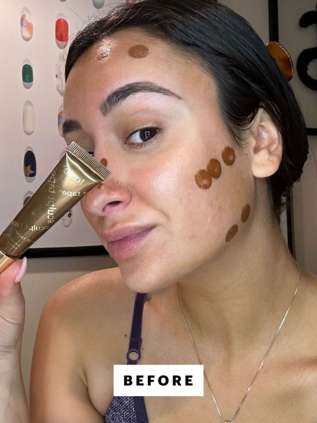 A selfie of Angela Trakoshis before blending out Tarte Sculpt Tape Contour in shade Medium Bronze